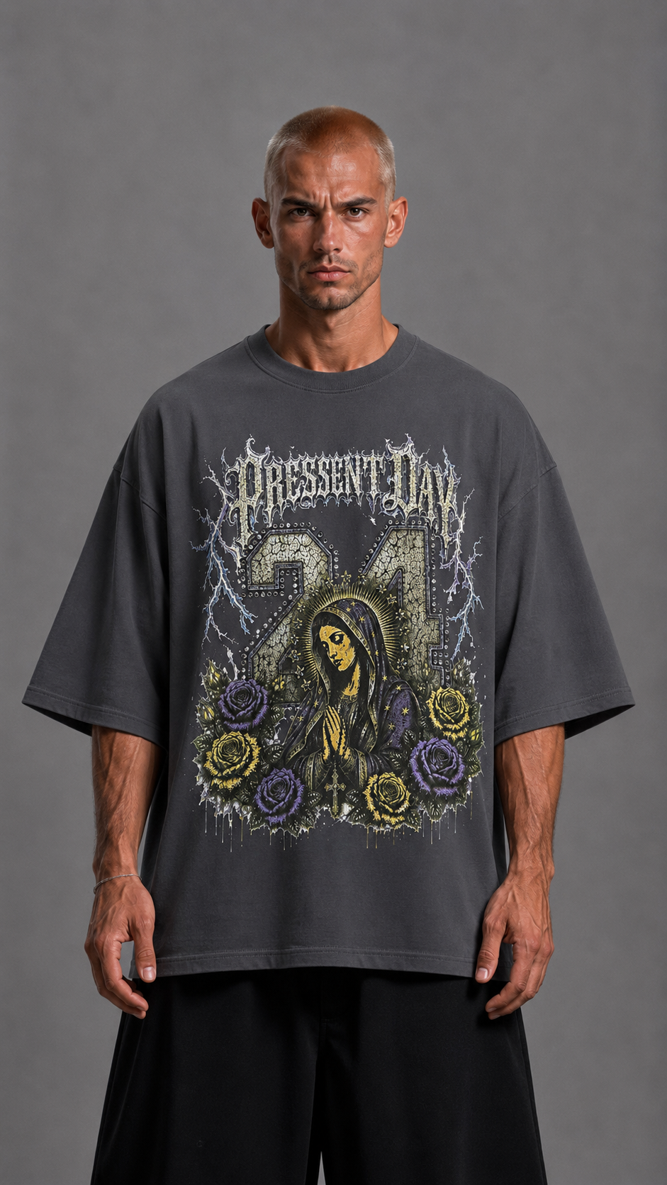 T-SHIRT PRAY FULL STRASS GREY