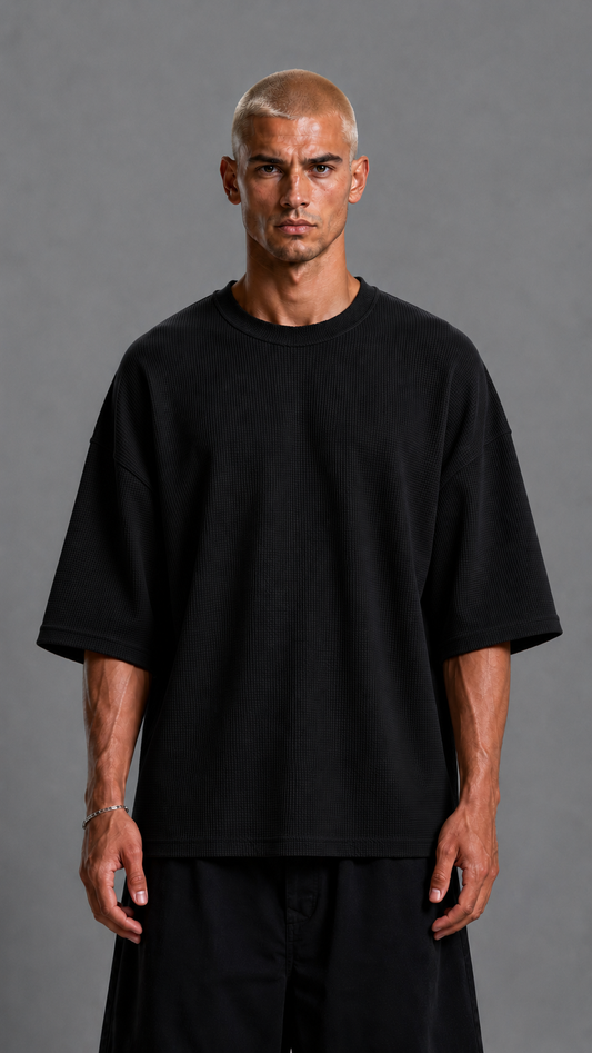 T-SHIRT OVER WAFFLE BLACK
