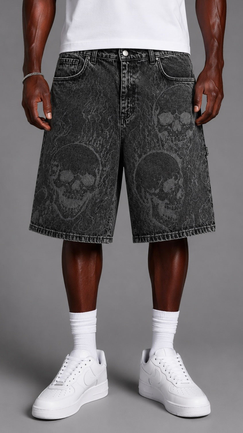 SHORTS IN DENIM SKULL BLACK