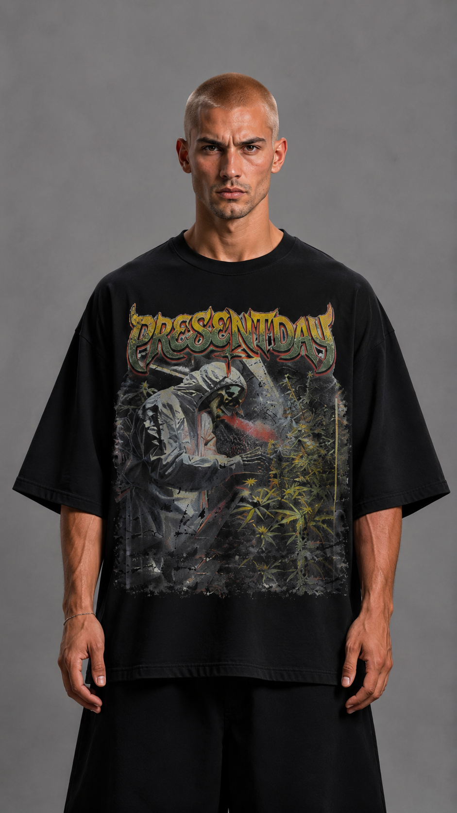 T-SHIRT OVER PRINTED PRESENT BLACK
